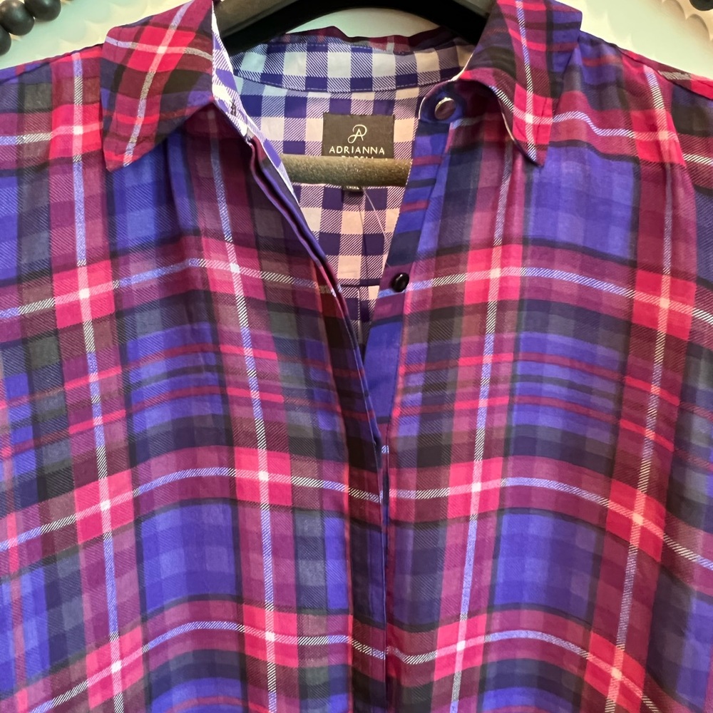 Adrianna Papell Plaid Drawstring Waist Dress Purple Blue Large 12 14 16 - Picture 5 of 14